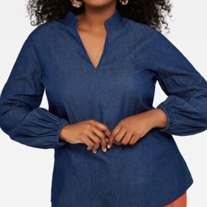 DENIM BUBBLE SLEEVE V NECK TOP